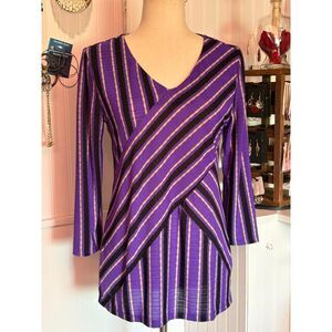 Dana Buchman Purple, Black, White Striped V-Neck Top Size Small